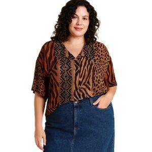Cotton Poppy Plus Animal Print Sheer Blouse 3X